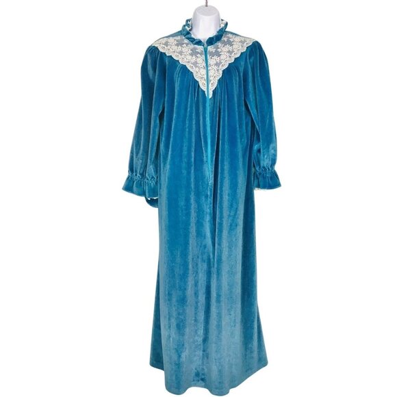 Vintage JC Penny Womens M Robe Teal Blue Velour Zip Up Housecoat Pockets - Picture 2 of 8